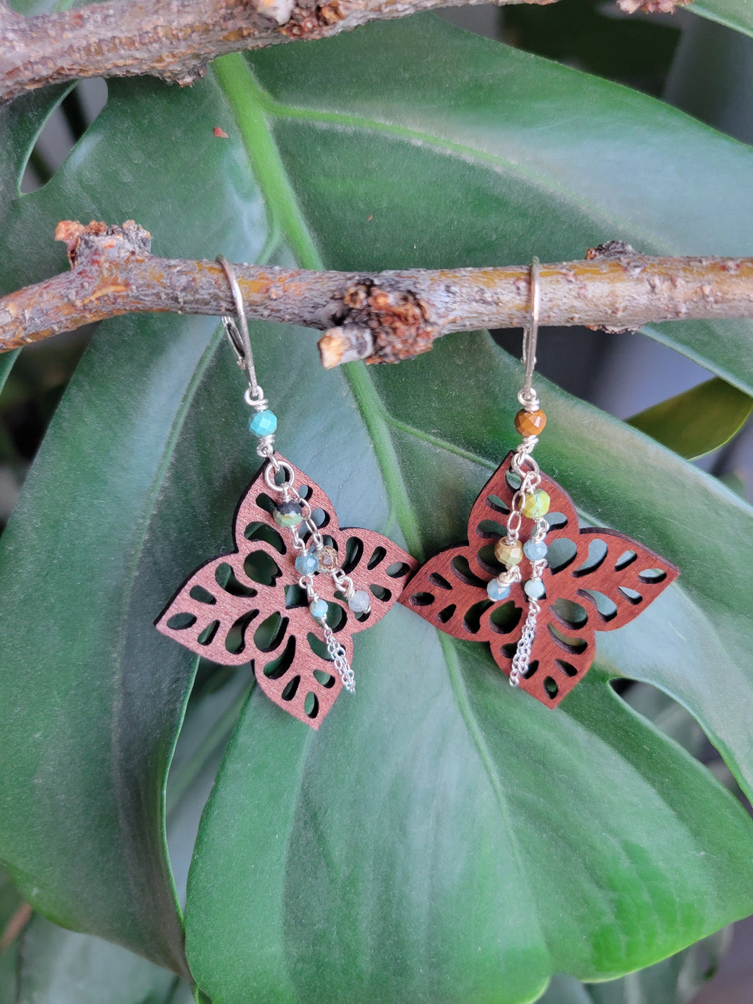 Quatrefoil Wood and Gemstone Earrings